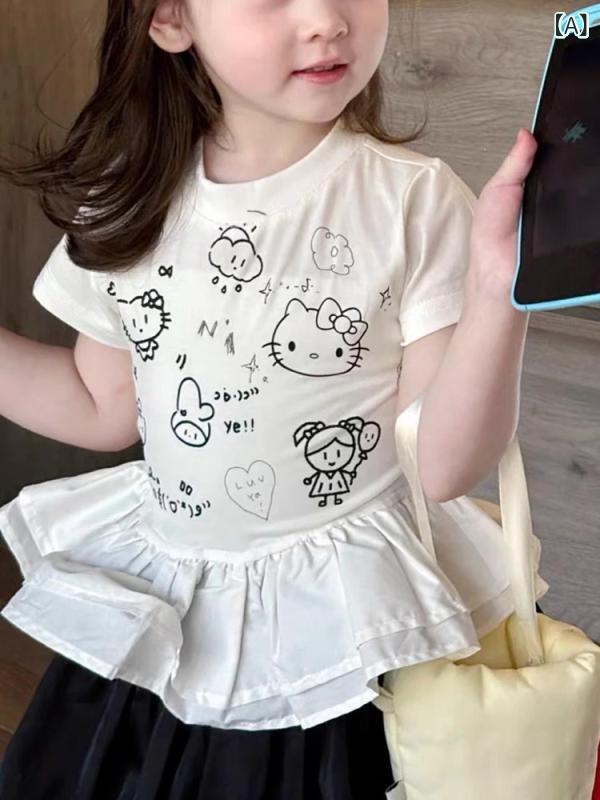 夏の 新型の 中で 女の子の 韓国 版の レースの t シャツの 漫画の プリントの カジュアルな 半袖の 丸首は 頭を かぶせて 上着を 合わせます。
