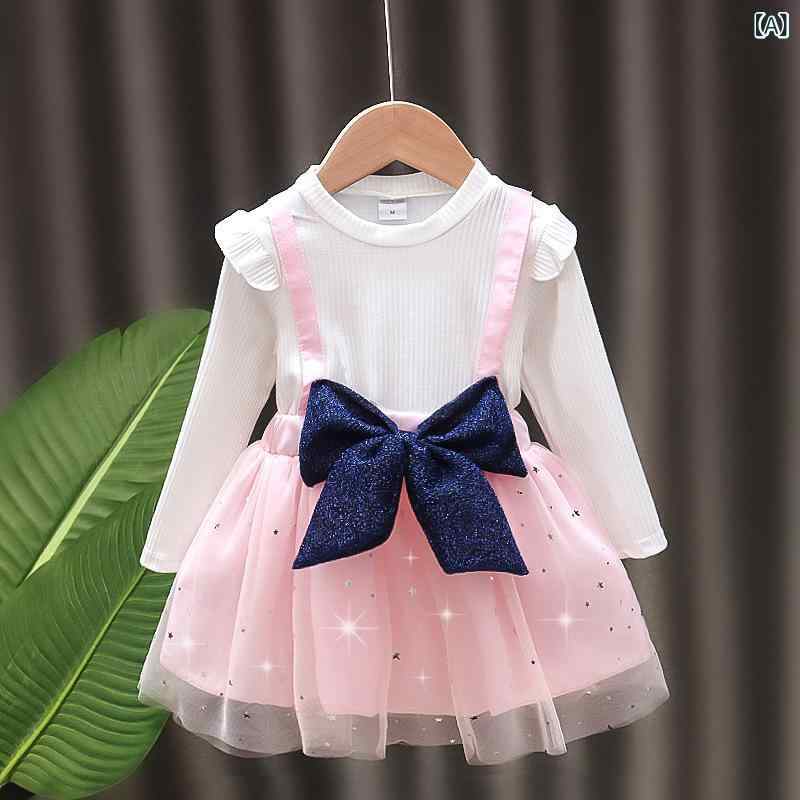 女の子の 洋風の ワンピース 春秋 服の 赤ちゃんの 偽の 2 枚の 子供の スカートの 2025 長袖の 背 ベルトの 小さい 女の子の 王女の スカート(x3)