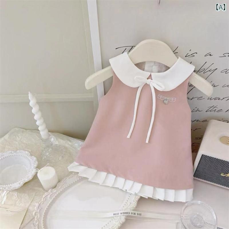 女の子 用 2026 年 新作 夏服、 可愛い 韓国 風 ベビーガールズワンピース、 小さなお 愛らしい ハート 柄、 コントラスト カラー、 ノースリーブ、 おしゃれで トレンディな ドレス。