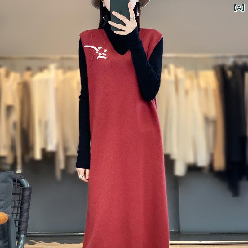 肩掛けの 花の デザイン 秋冬の 新型 100 %の純 ウールの ニットの 女性の 長い タイプの 馬 甲は 膝を 過ぎて ゆったり して いて 痩せて います。|LiLishop6