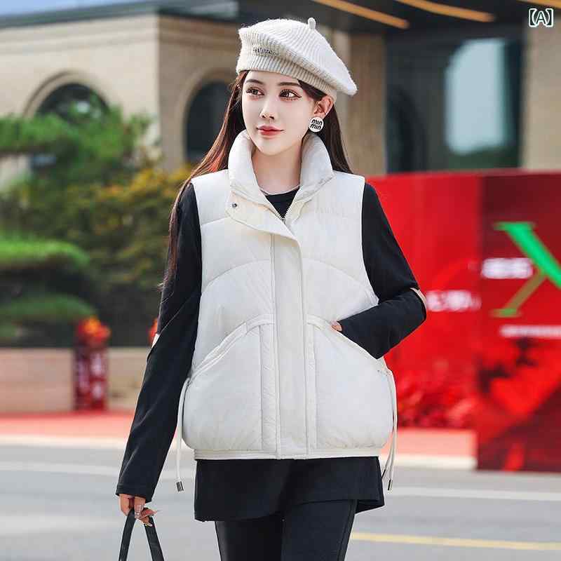 秋冬 新作 厚手 スタンド カラー レディース 綿服 暖かい アウター 綿 ベスト キャミソール 人気 韓国 風 ベスト 無地 ジャケット