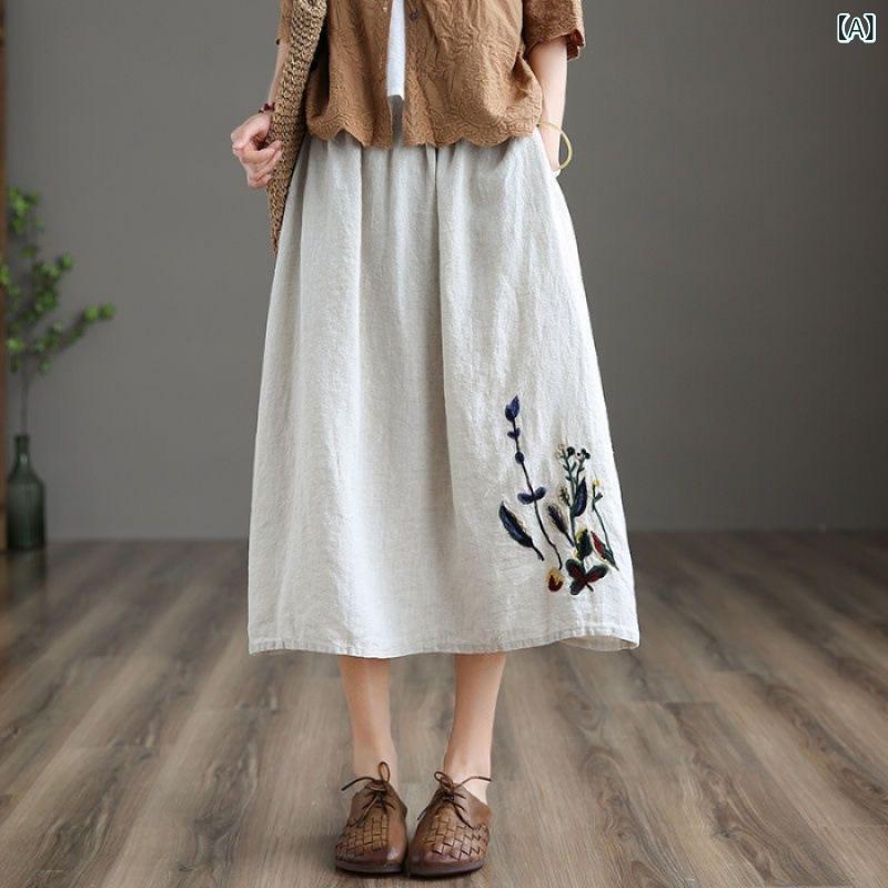 綿 麻の 半身の スカートの 夏の 復古の 女性の 2024の 新型の 刺繍の純 色の 大きい サイズの スカート