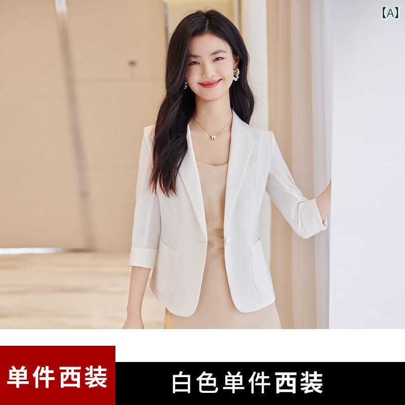真っ黒い 背広の 厚地の外套の 成人女性の 夏の 薄べったい 印字機の 2024 新型の 弱められた 背の 小っちゃい 印字機の 7 分の 袖の 心地好いな 弱められた 背広の 厚地の外套