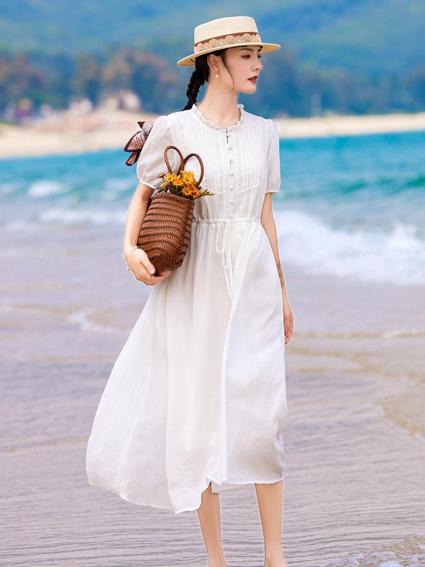 2023 夏の 新作の 白い ラミー 麻の フランス 式の 年齢を 減らします ワンピースの 文芸の キクラゲの レースの 半袖の ふわふわ して いる 大きい スカート
