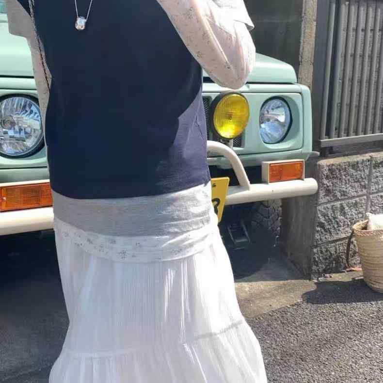 スカート 女性用 韓国風 半身スカート ロング プリーツスカート コットン レース 切り替え 純色 ホワイト 伸縮性 微弾力 軽量 春夏 カジュアル 普段使い 日韓スタイル｜LiLishop6