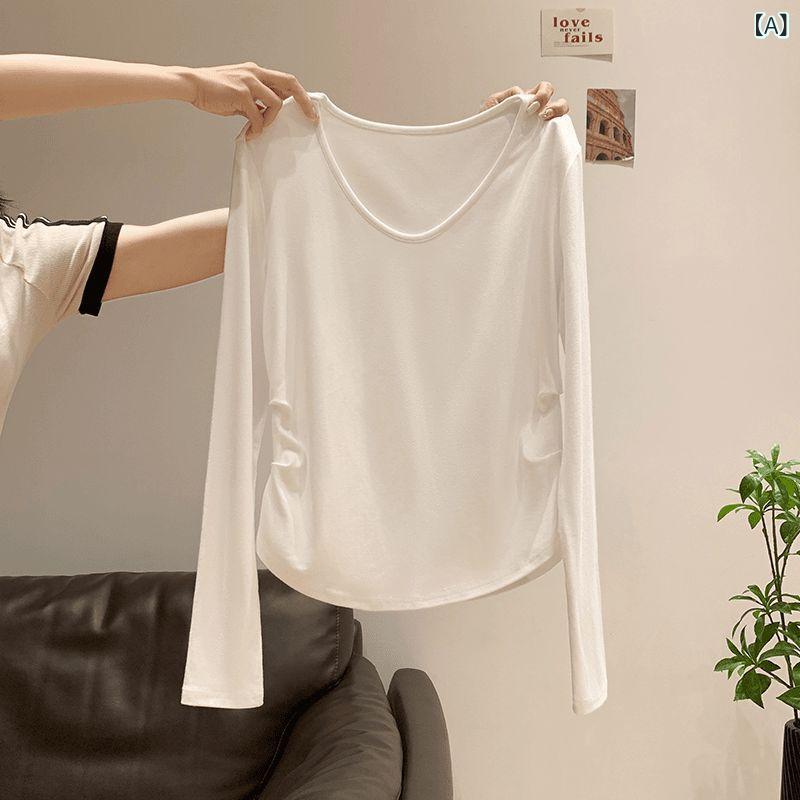 Tシャツ レディース Vネック 長袖 白色 純色 綿 修身 セットインスリーブ プリーツ 気質 通勤風 快適 日常使い インナー トップス ブラウス