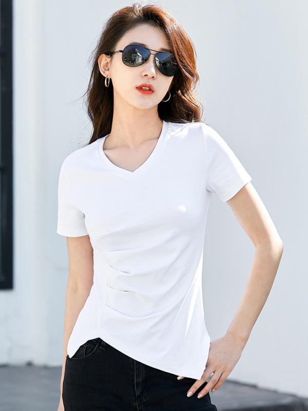 レディース Tシャツ Vネック 短袖 プリーツ デザイン 不規則ヘム 修身シルエット 伸縮性 綿混 素材 快適 肌触り 気質 通勤 スタイル 純色 白色 黒 コーヒー ワインレッド トップス インナー シャツ