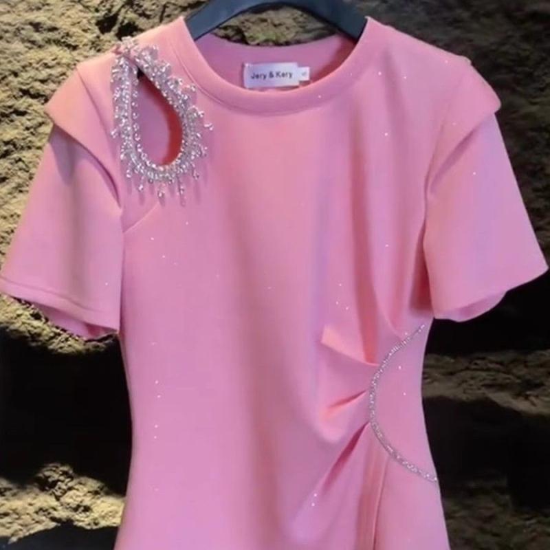 Tシャツ レディース 超大サイズ 1-150kg対応 胖mm 女性用 不規則 ?空 肩出し ダイヤモンド刺繍 ファッション ウエスト収縮 スリム 短袖 上衣 コットン 素材 他のパターン プルオーバー スタイル 普通丈 50cm-65cm ラウンドネック