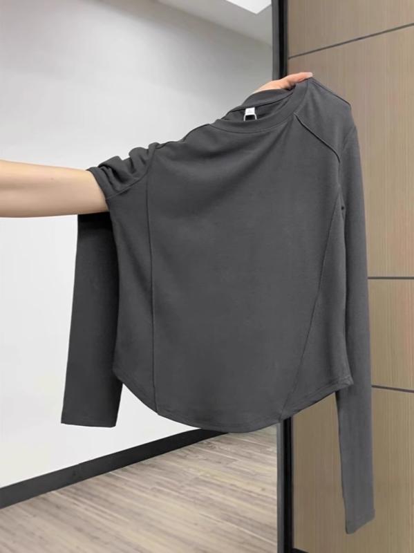 Tシャツ レディース 魚骨編み ラウンドネック 長袖 修身シルエット 不規則ヘム インナー トップス 肩落とし 気質 通勤風 純色 セットインスリーブ 普通丈 炭灰 ミルクホワイト ディープグレー 秋シーズン ・届? 伸縮性 快適素材 通勤 普段使い