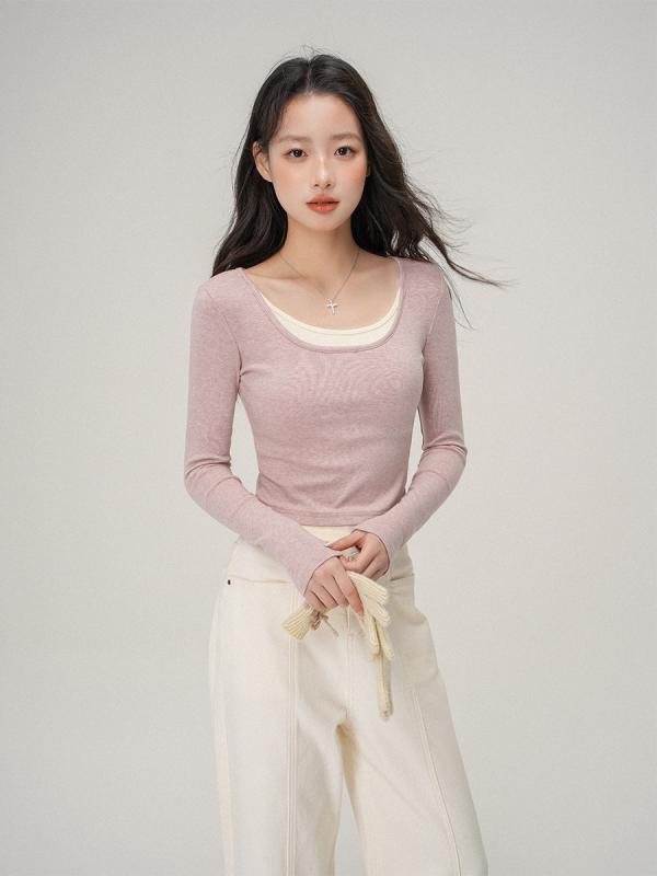 Tシャツ レディース 秋冬 偽ツーピース 切り替え 羊毛混 インナー 短丈 長袖 トップス Uネック ピンク 燕麦杏 グレー ピンク系 ベージュ系 グレー系 修身 撞色 ピステ 快適 日常使い 部屋着 カジュアル デイリー レイヤード