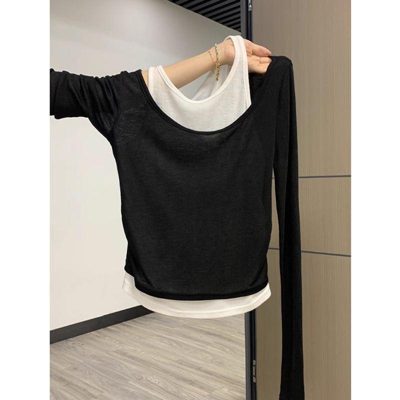 Tシャツ 女性用 長袖 レイヨン ピンストライプ 色落ち フェイクツーピース 切り替え 修身 スリム トップス ショート丈 ダブルカラー ベーシック ライトブルー 黒 ミルクイエロー 韓国風 レイヤード 早秋 春季 日常 デイリー インナー