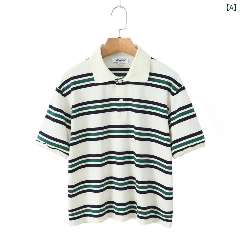 Tシャツ レディース 短袖 トップス コットン 素材 条紋 柄 切り替え デザイン 春季 春夏 白 紫 色 街頭 スタイル 欧米風 個性 ファッション 日常 着用 かわいい シルエット 軽量 快適 トップス アイテム