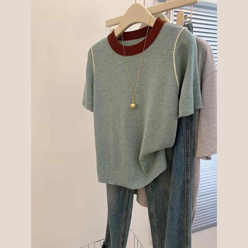 Tシャツ レディース 短袖 湖色 切り替え 丸首 ニット トップス かわいい 気質 微胖 肩正 短丈 スリム レイヤード 日韓風 シンプル カジュアル 普段使い 部屋着 軽量 伸縮性 綿 再生繊維 夏