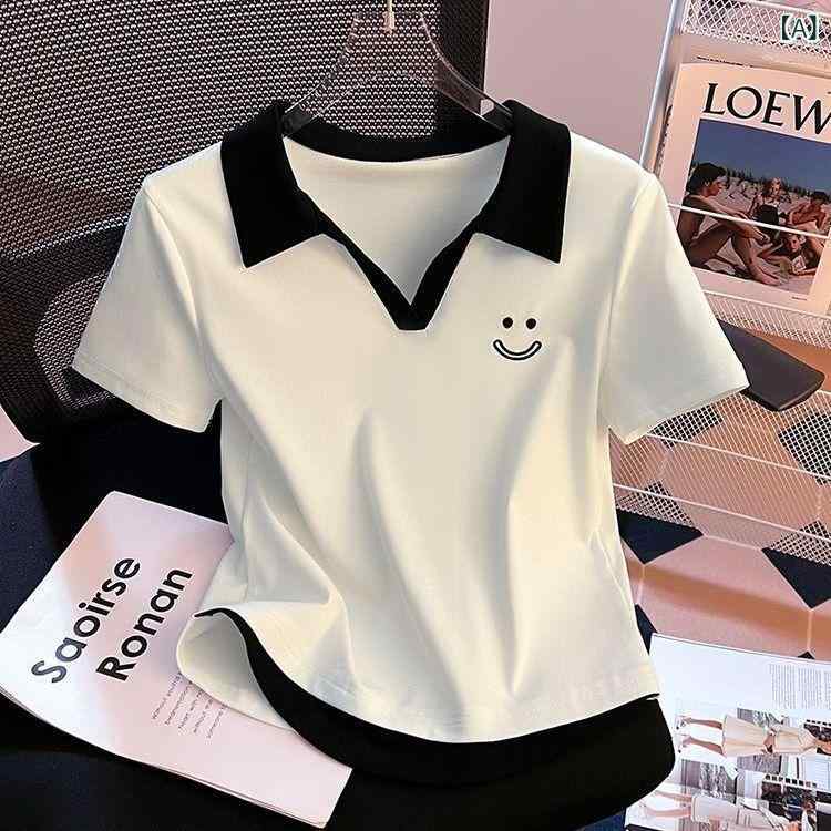 Tシャツ レディース ポロシャツ 短袖 刺繍 切り替え 笑顔柄 綿素材 90% 白色 黒 夏 ゆったり 大きいサイズ 100kg対応 日韓カジュアル 慵?スタイル 快適 普通丈 50-65cm