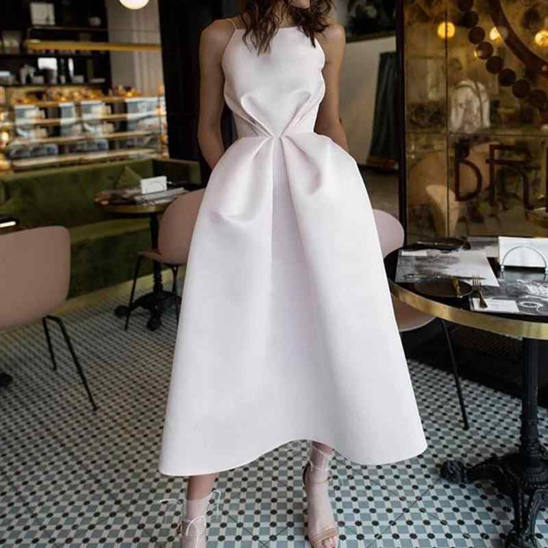 レディース ワンピース ドレス 夏 無袖 背中開き 礼服 スカート 吊り帯 ミドル丈 大振り裾 高腰 ジッパー ポリエステル 白色 セクシー 純色 気質 通勤 スタイル 軽量 通気性 女性用 25-29歳向け