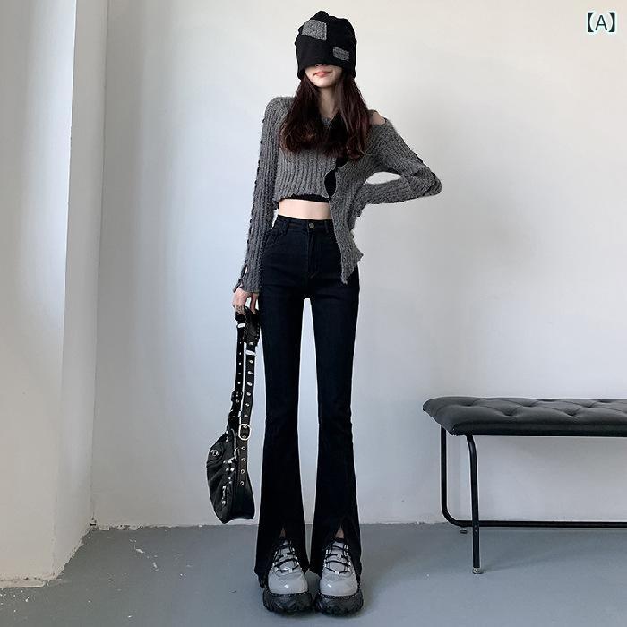 レディース 牛仔パンツ 黒 ブルー 春夏 秋冬 高腰 スリム ロングパンツ フレア ジーンズ デニム ズボン クロップド ストレッチ 軽量 プリンセス スタイル 清新 甘い ファッション 普段使い 通勤 通学