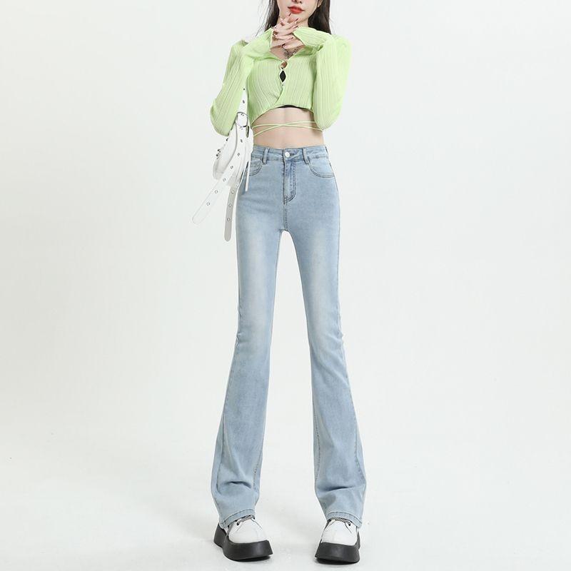 レディース デニムパンツ 微喇スタイル ハイウエスト ロング丈 中厚 浅青 春夏 弾力性 日韓風 軽量 快適 ストレッチ 牛仔 洗い加工 ボタン スリット 普段使い ファッション 通勤 軽快 カジュアル
