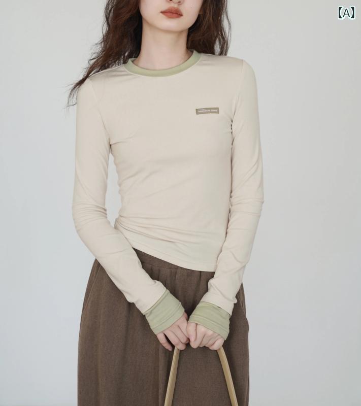 Tシャツ レディース 長袖 切り替え フェイクツーピース トップス 秋 秋冬 通勤 気質 修身 普通丈 丸首 米杏 花灰 純色 セットアップ風