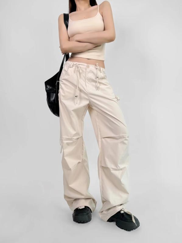 レディース 工装パンツ 松弛感 降落? サイド ドローストリング ベルト 直筒 低腰 長ズボン 切り替え 抽? 系? 化? 混紡 ポリエステル スパンデックス 微弾力 私服 甘辛 セクシー ブラック ホワイト カーキ 通勤 普段使い 軽量 伸縮性 秋冬
