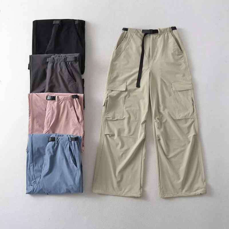 レディース 工装風 高腰 ワイドレッグパンツ 秋 クロッチカラー グレー ピンク ネイビー ポケット ポリアミド スパンデックス ミックス素材 伸縮性 ゆったり ロング丈 ミッドウェイト 街頭スタイル 普段使い 通勤 通学 百搭 シルエット 強調 スリム