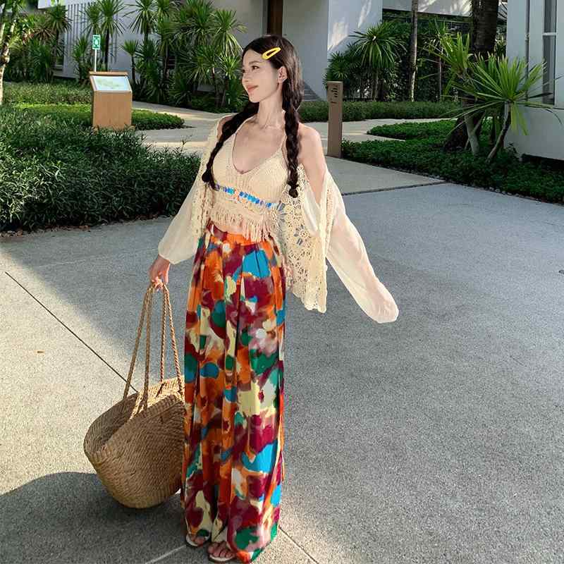 レディース ワイドパンツ ボヘミアン 夏 薄手 開き プリント 高腰 スカートパンツ ドーパミン カラー ポリエステル 微弾性 腰帯 長丈 ビーチ リゾート 私服 気質 優雅 休暇風 軽量 日常使い 外出