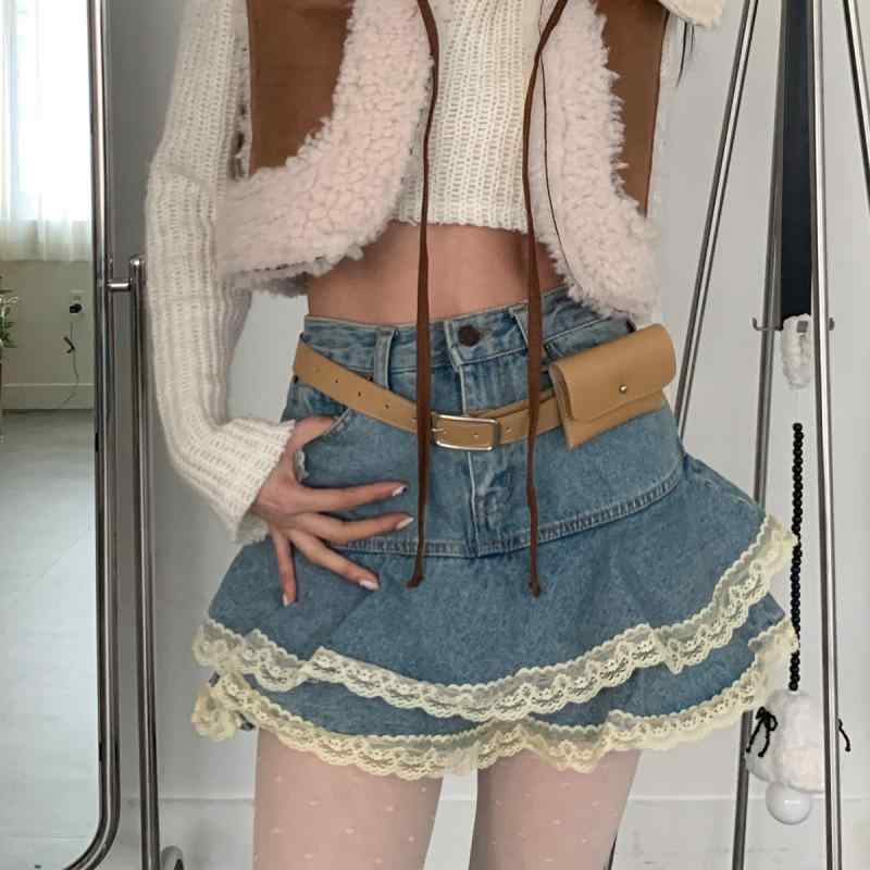 スカート レディース 春夏 ハイウエスト デニム 半身スカート ?・覧 2層 ケーキスカート レース 縁 切り替え プリーツ かわいい ・運皮 牛仔布 コットン 90-95% 短丈 純色 洗水加工 ノンストレッチ 清新 甜美 牛仔藍 普段使い 通勤 軽量 ビ