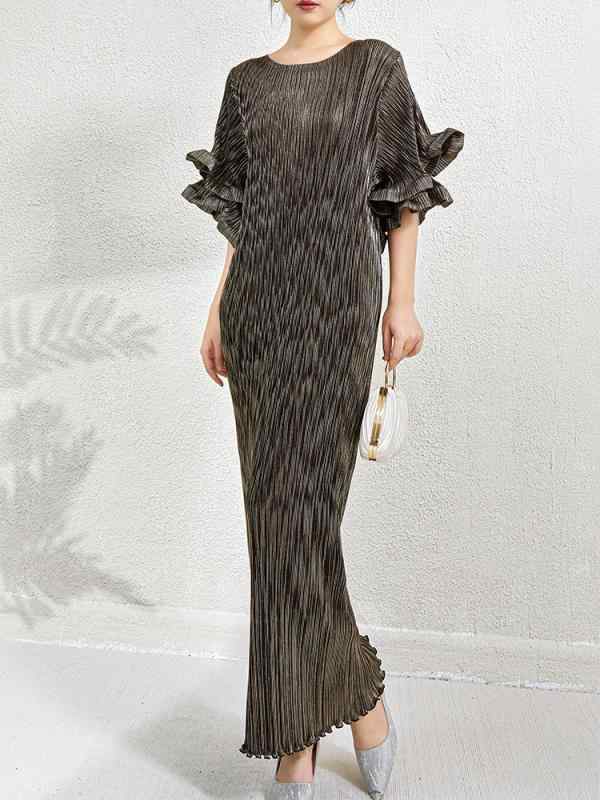 ワンピース レディース 夏 金属風素材 気質デザイン 小・異 二層 フリル袖 プリーツ ボディコン 長丈 ストレートスカート 丸首 喇叭袖 五分丈 ハイウエスト 黒 ブルー シャンパン 紫 ?? ポリエステル 無鉄板加工 セットアップなし