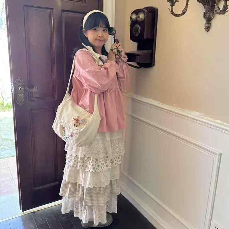 半身スカート レディース 森系 綿 レース 花柄 切り替え 甘め ケーキシルエット ロング丈 杏 微弾力 清新 かわいい フレア ふんわり 軽やか 日常使い