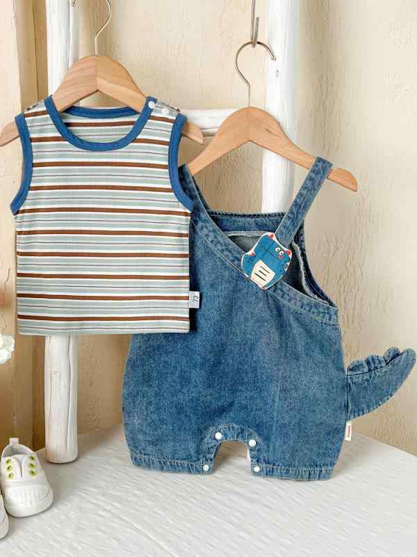 ベビー 服 男の子 女の子 夏用 セット 背広パンツ キャラ 恐竜 柄 デニム 素材 綿 混紡 柔らかい 肌触り 無袖 トップス 中長さ パンツ ストライプ パターン 外出 遊び 服装 2点セット 爽やか スタイル 日常 着こなし キッズ ファッション