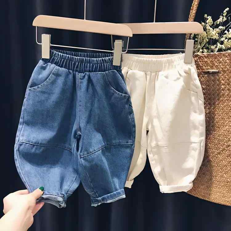 キッズ 牛仔パンツ 男の子 女の子 春秋 ハーレムパンツ ロブパンツ 綿素材 柔軟加工 長ズボン 中腰 ゴム腰 白 ブルー 日常着 遊び着 伸縮性 通学用 3～8歳 100～140cm