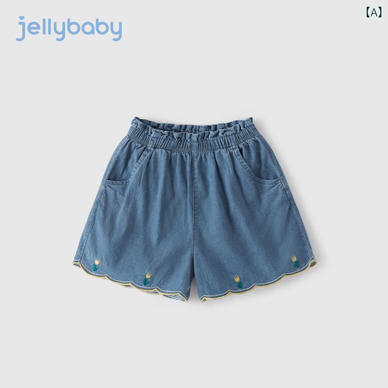 女の子 ショートパンツ 牛仔 デニム 夏 春夏 5歳 100cm 110cm 120cm 130cm 140cm 150cm 純棉 コットン 100% 花柄 刺繍 田園 スタイル カジュアル 中腰 ゴム ウエスト 基本 基本款 短丈 100% 綿 素材