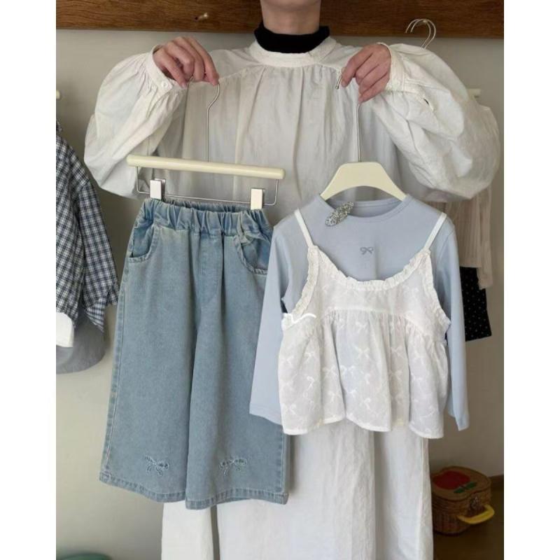 女の子 セットアップ 春夏 秋冬 甘め キャミソール コットン Tシャツ 刺繍 デニムパンツ 中小 柔軟 生地 長袖 ロングパンツ 100% コットン 通気性 伸縮性 軽量 日常使い 学校 遊び着 90cm 100cm 110cm 120cm 130cm