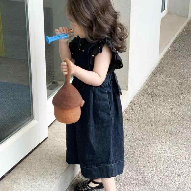 女の子 キッズ 春夏 服 セット 綿 素材 柔軟 薄手 短袖 小飛機袖 上衣 デニム 背広帶 七分 ?腿 ? 子 かわいい 普段使い 3～8歳 対応