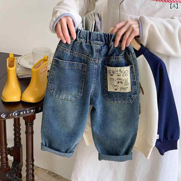 キッズ 牛仔? 男の子 女の子 デニムパンツ 長ズボン コットン素材 柔軟 加工 ・柑通柄 ミディアムウエスト ゴムバンド 春秋 オールシーズン 休?スタイル 伸縮性 通勤用 普段使い 部屋着 軽量 かわいい トレンド アイテム 90cm 100cm 11