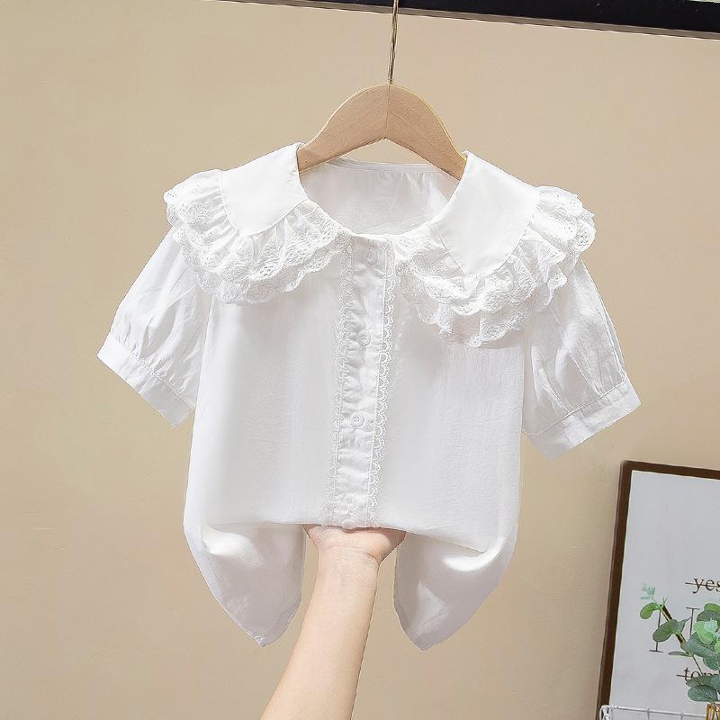 女の子 シャツ トップス 短袖 純棉 レース 花辺 甘め スタイル 丸首 柔らかい 生地 無地 夏 かわいい プリンセス デザイン 女の子 服 綿100 純色 白 甘い 洋風 子供 服装 女児 トップス レース 付 夏服 コットン シャツ