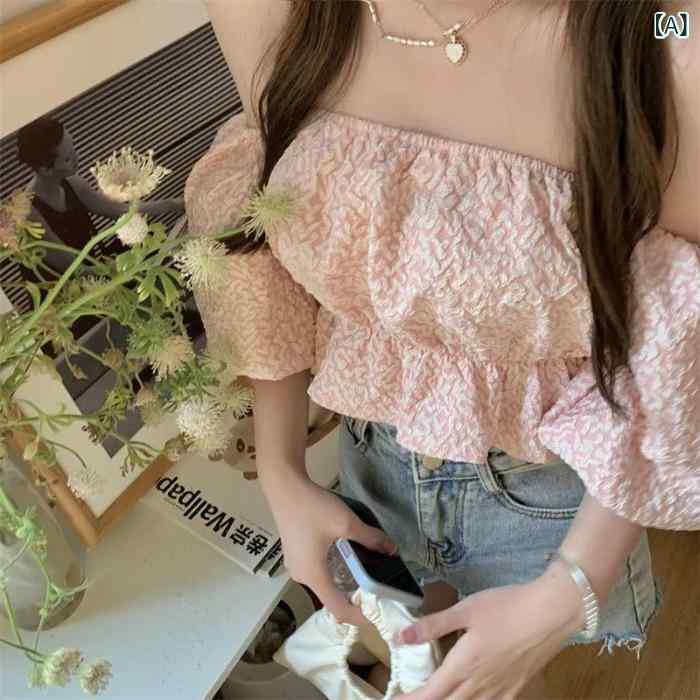 トップス レディース 泡泡袖 ワンショルダー 短袖 刺繍 3D柄 修身シルエット 短丈 粉色 露背 夏 かわいい 甘め セクシー 軽量 ポリエステル PVC混 セットアップ風 韓国風 復古|LiLishop6