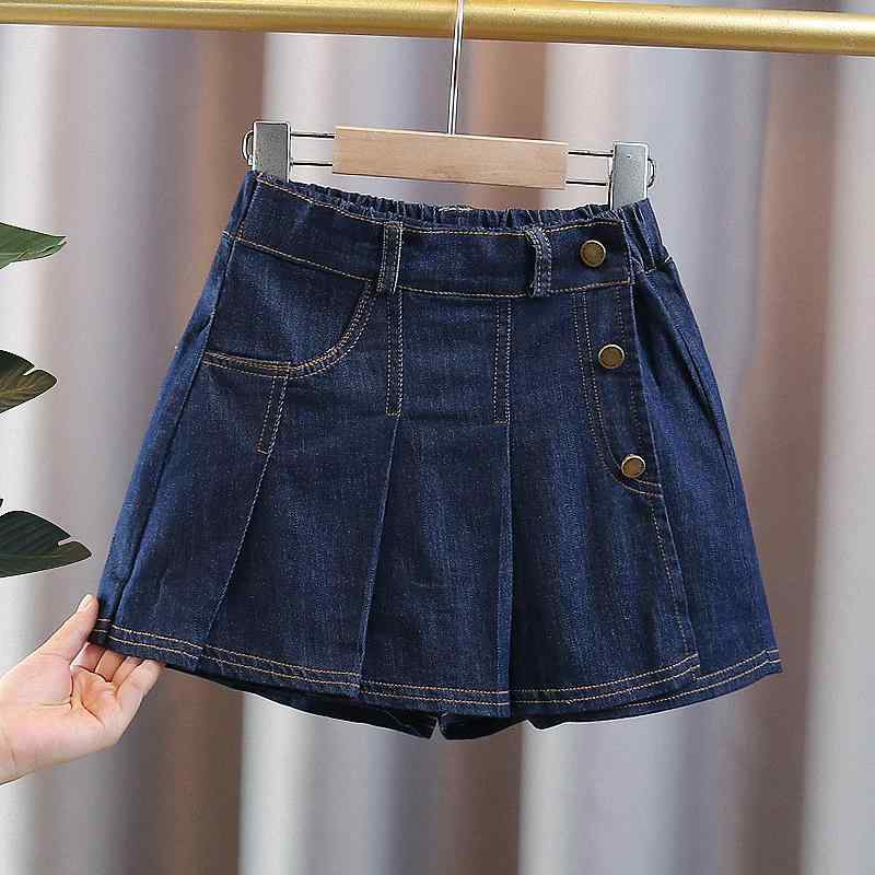 女の子 スカートパンツ 牛仔 半身百褶 短パン 夏 かわいい コットン 51-70% 高腰 系縄 柔軟素材 ブルー 120-170cm 対応 子供服 ガールズ 普段使い 軽量 伸縮性 通気性 デニム フレア プリーツ スカート ショートパンツ 女児 夏服