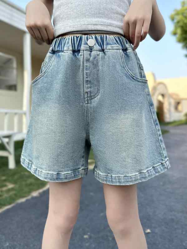 女の子 短パン 牛仔 綿 夏 かわいい 潮 柔軟 ミドルウエスト ゴム 純色 刺繍 フレグランス 紫 花柄 120cm 130cm 140cm 150cm 160cm 170cm 8歳以上 初中生 外穿 普段使い アウトドア 軽量 伸縮性