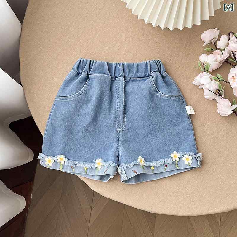 キッズ 女の子 短パン 牛仔 刺繍 花柄 レイヨン 混紡 ポリエステル 繊維 夏 薄手 軽量 ゆったり ワイド レギュラー 子供 普段使い 遊び着 かわいい コーディネート ブルー 花 柄 刺繍 デザイン 快適 柔らかい 肌触り 吸湿 速乾 機能 涼しい
