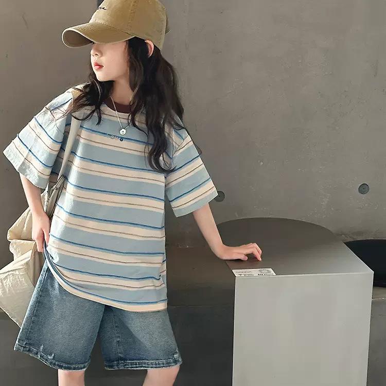 女の子 Tシャツ 子供服 条紋 短袖 半袖 丸首 綿 100% 切り替え ピースカラー ゆったり シルエット 夏 春 ブルー かわいい スタイル 120cm 130cm 140cm 150cm 160cm 170cm 8歳以上 大きめ サイズ 日常使い