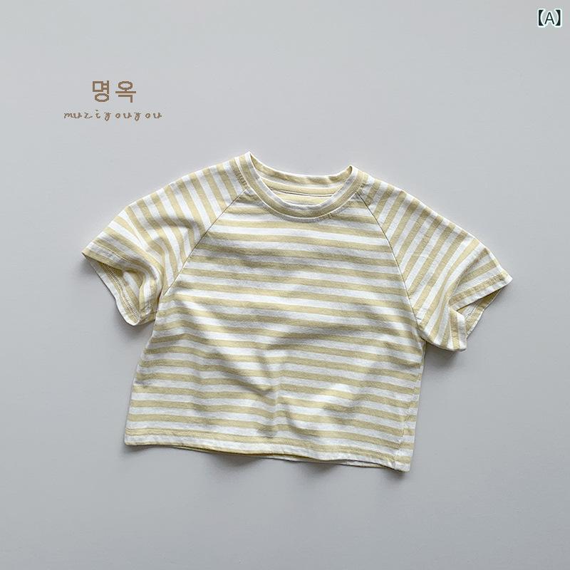 キッズ Tシャツ 男の子 女の子 短袖 条紋 綿 麻素材 韓国風 百搭 休? 上衣 夏用 吸湿排汗 柔軟 生地 浅黄 淤粉 浅緑 浅灰 1-3歳 3-8歳 80-140cm