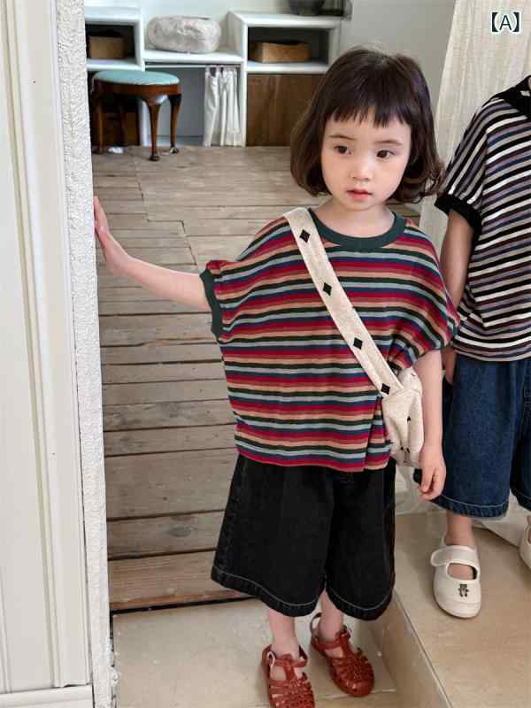 キッズ Tシャツ 男の子 女の子 3-8歳 夏 短袖 丸首 綿素材 彩色 条紋 柄 切り替え デザイン 柔らかい 吸湿速乾 赤 紫 ピンク ゆったり 普段使い 遊び着