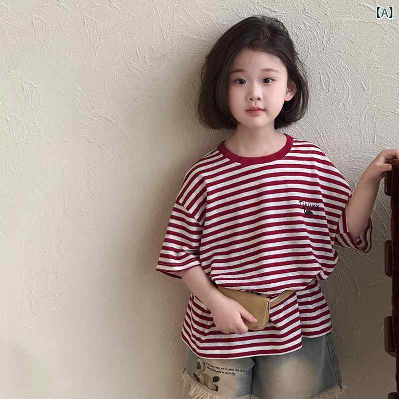 女の子 Tシャツ 条紋 刺繍 短袖 トップス 親子 かわいい プリンセス トレンド 紅白 綿混 柔軟 夏服 丸首 ゆったり 100-170cm 女児 子供服 日常使い 涼しい