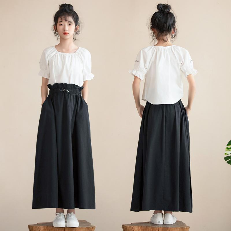 女の子 半身裙 トップス セット 春夏 白 綿100% 短袖 方領 A字裙 大裙? 荷叶? 松?腰 ?・覧 柔軟 田園 英? 公主 スタイル 8歳以上 中大童 安全 B類