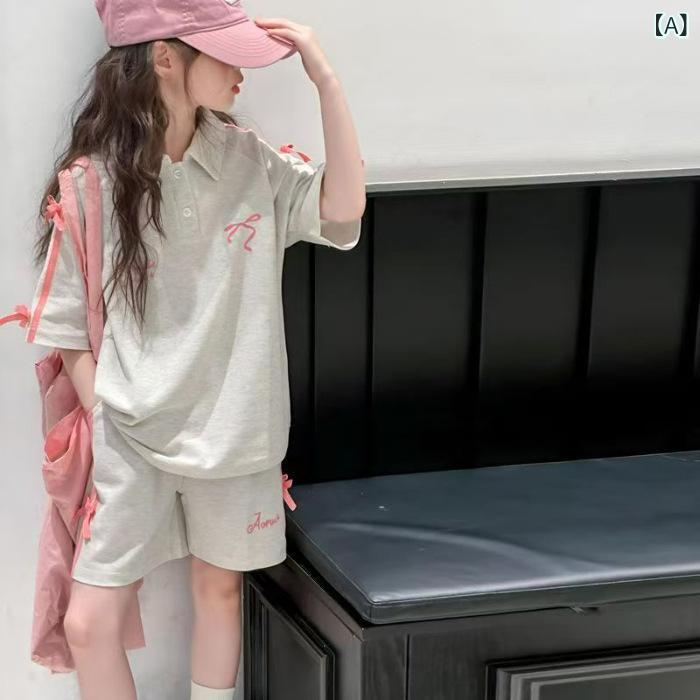 女の子 夏服 セットアップ かわいい 蝶結び ポロ 短袖 トップス 織りテープ 短パン 2点セット 柔らかい 生地 普通厚 無地 ピンク 緑 120cm 130cm 140cm 150cm 160cm 170cm 女の子 夏 コーデ 普段使い 動きやすい