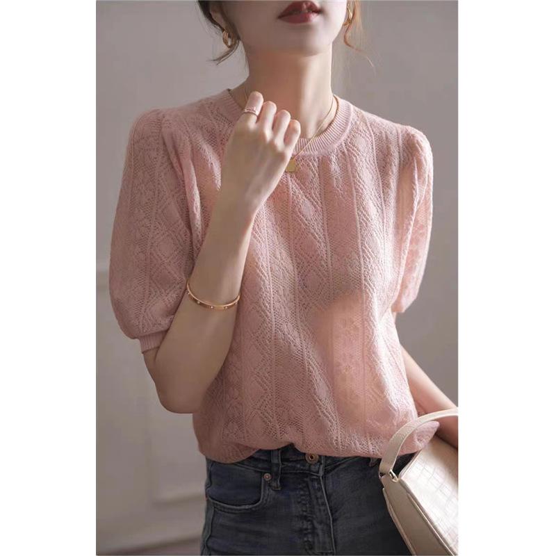 Tシャツ レディース 短袖 ニット 薄手 春夏 ピンク 米白 丸首 切り替え 透け感 ゆるシルエット 通勤 普段使い 気質 優雅 百搭 伸縮性 接触冷感 再生繊維