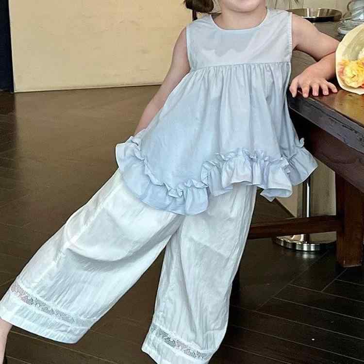 女の子 セットアップ 夏服 ノースリーブ ベビー服 荷葉辺 トップス ワイドパンツ 2点セット コットン混紡 柔らかい 薄手 無地 韓国スタイル 花辺 トレンド 8歳以上 140cm以上 夏 ベビー 女の子 服 セット 夏用 ノースリーブ シャツ ワイド