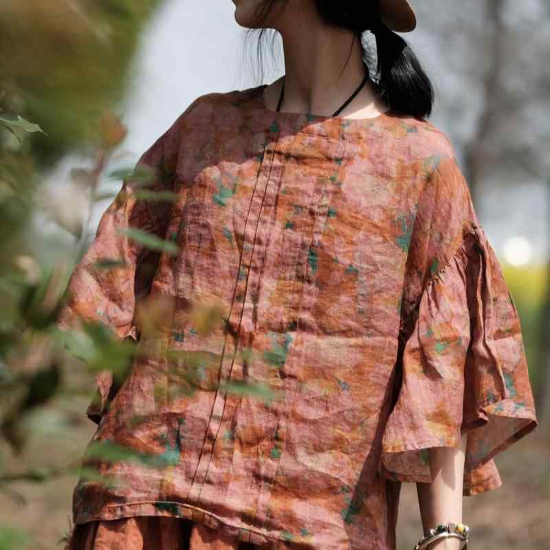 シャツ トップス ?麻 素材 100％ 森ガール スタイル 印花 柄 七分 袖 荷葉袖 デザイン セット ネック ラウンド ネック ルーズ フィット 普通 丈 清新 かわいい スイート スタイル 春季 醉日 色