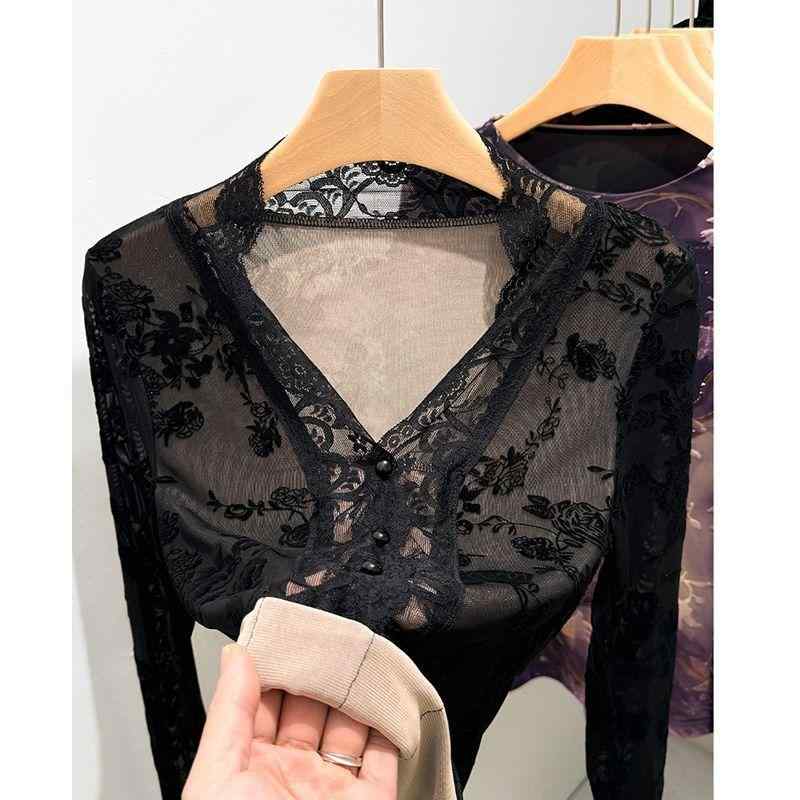 トップス レディース レース インナー Vネック 長袖 修身 ブラック 柔軟 柔軟処理 ?空 クロシェ 切り替え 冬 少女 青年 中年 中青年 ダンス 日常 プリンセス かわいい 清新 甘美