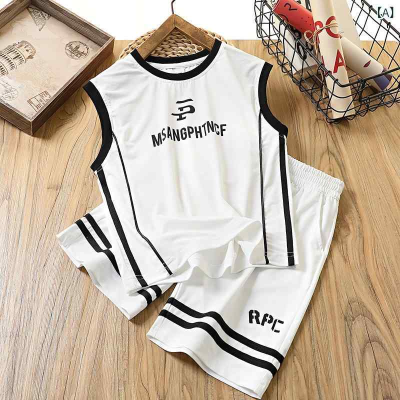 キッズ 男の子 夏服 セットアップ 速乾 透気 スポーツ 2点セット タンクトップ 短パン バスケットボール ウェア ナイロン 100% 薄手 柔らか 無袖 白色 灰色 緑 運動 字母 親子 潮風 夏 子供 大きめサイズ 140cm 以上 軽量 通気性